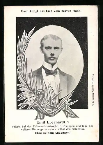 AK Hamburg, Emil Eberhardt rettete bei der Primus-Katastrophe 5 Personen und fand dabei selbst den Tod