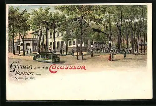 Lithographie Hamburg-Hoheluft, Gasthaus Colosseum mit Strassenbahn Nr. 70