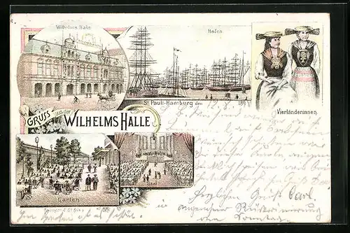 Lithographie Hamburg-St. Pauli, Gasthaus Wilhelms Halle, Vierländerinnen