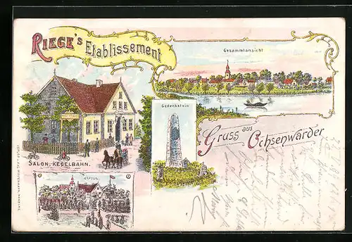 Lithographie Ochsenwerder / Bergedorf, Riege`s Restaurant, Gedenkstein