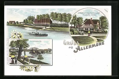 Lithographie Hamburg-Allermöhe, J. Adolf Oelrich`s Gasthaus, Brückenpartie