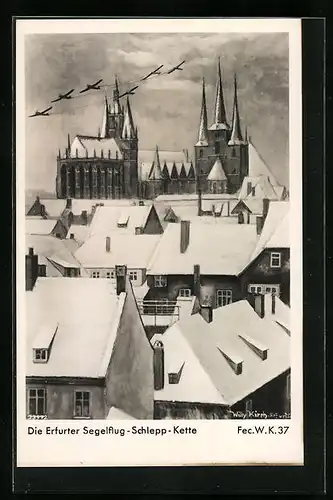 AK Erfurt, Die Erfurter Segelflug-Schlepp-Kette über der Kirche im Winter