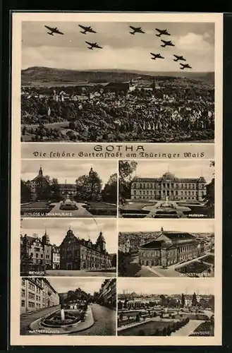 AK Gotha, Schloss und Denkmalplatz, Museum, Landestheater