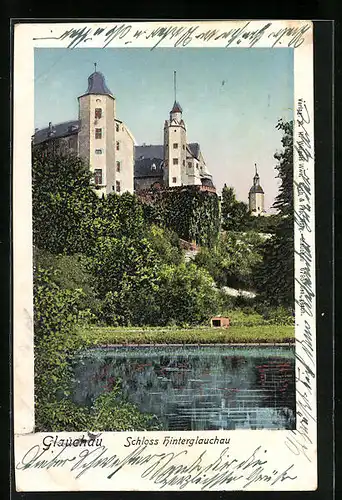 Goldfenster-AK Glauchau, Schloss Hinterglauchau mit leuchtenden Fenstern