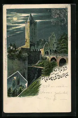 Lithographie Rudelsburg, Burgruine und Saaleck bei Mondschien