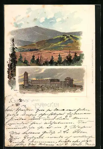 Lithographie Brocken, Brockenhaus, Blick zum Gipfel