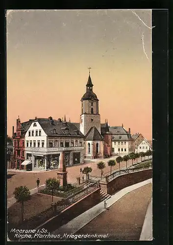 AK Meerane, Kirche, Pfarrhaus und Kriegerdenkmal