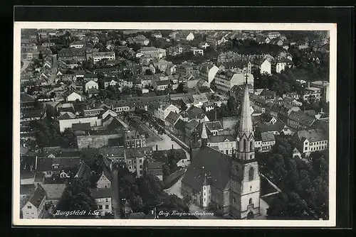 AK Burgstädt i. S., Fliegeraufnahme mit Kirche