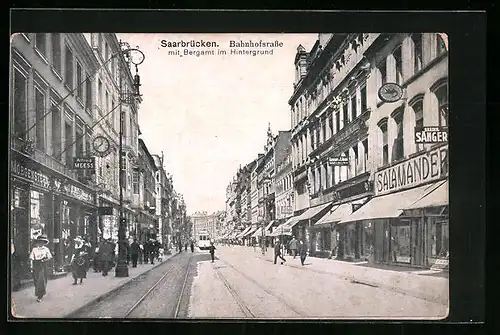 AK Saarbrücken, Bahnhofstrasse mit Bergamt im Hintergrund
