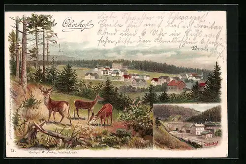 Lithographie Oberhof, Ortsansicht mit Hirschen, Bahnhof