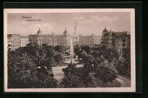 AK Breslau, Matthias-Platz mit Springbrunnen