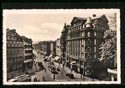 AK Saarbrücken, Strasse mit Strassenbahnen