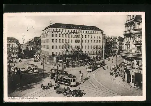 AK Halle a. S., Riebeckplatz mit Strassenbahnen