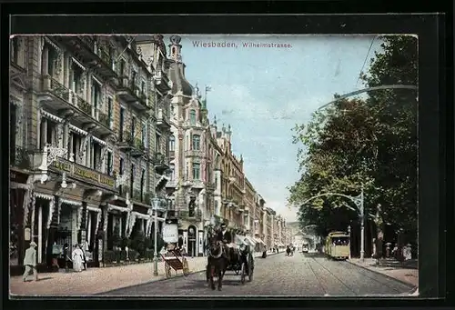 AK Wiesbaden, Wilhelmstrasse mit Strassenbahnen