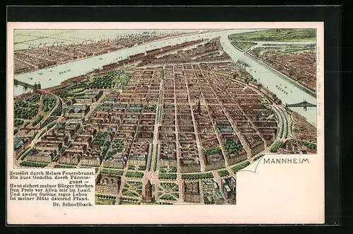 Lithographie Mannheim, Gezeichnete Ortsansicht aus der Vogelschau