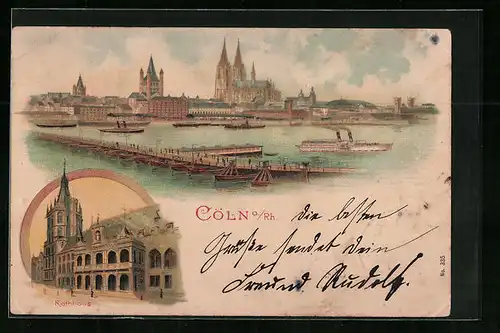 Lithographie Cöln a. Rh., Panorama vom Rhein aus, Rathhaus