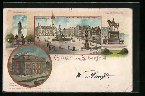 Lithographie Elberfeld, Stadt-Theater, Krieger-Denkmal, Neumarkt