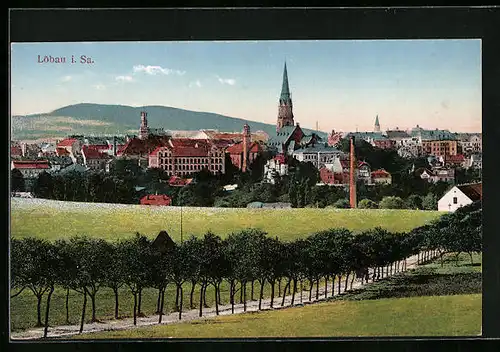 AK Löbau /Sa., Ortsansicht mit Berg