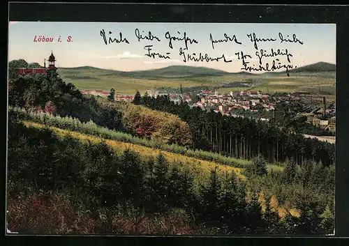 AK Löbau /Sa., Ortsansicht vom Hang aus