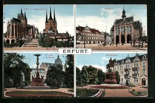 AK Erfurt, Rathaus, Kriegerdenkmal, Dom und Severikirche