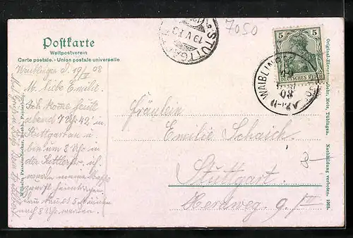 AK Waiblingen, Teilansicht mit Kirche