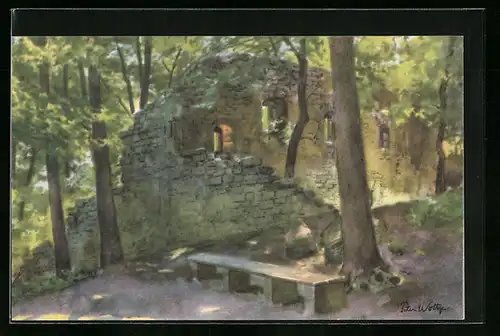 Künstler-AK Weimar, Park, Ruine am Tempelherrenhaus