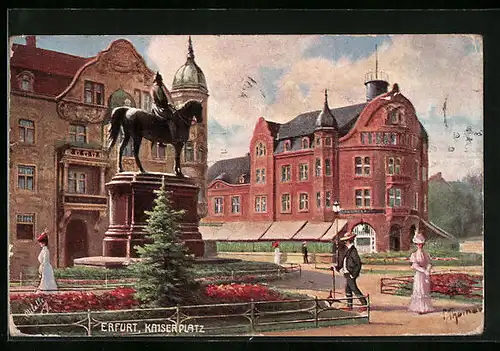 Künstler-AK Erfurt, Kaiserplatz mit Denkmal