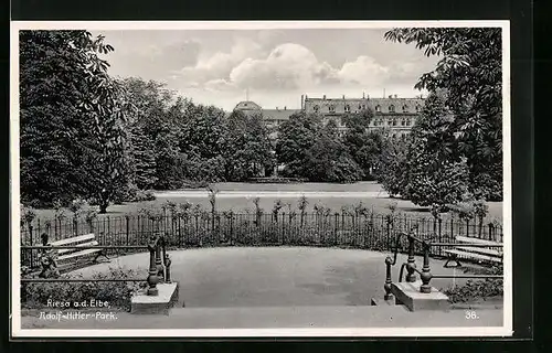 AK Riesa a. d. Elbe, Park, Eingang mit Parkbänken