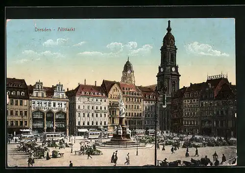 AK Dresden, Altmarkt mit Uhrenturm und Geschäften