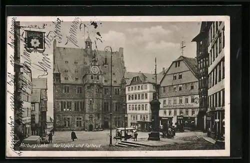 AK Marburg /Lahn, Marktplatz und Rathaus mit Gasthaus zum alten Ritter