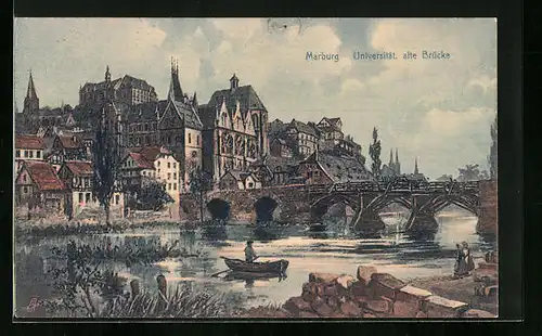 Künstler-AK Marburg /Lahn, Universität, alte Brücke