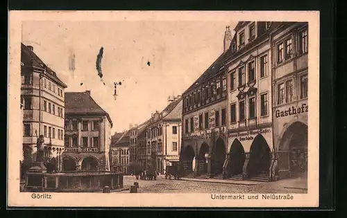 AK Görlitz, Untermarkt mit Gasthaus zum braunen Hirsch, Geschäften und brunnen