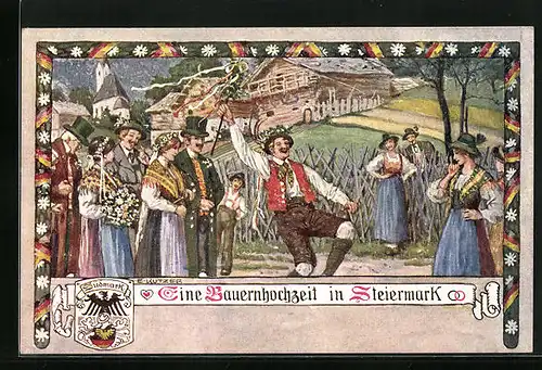 Künstler-AK Ernst Kutzer: Eine Bauernhochzeit in Steiermark, Gäste in Tracht