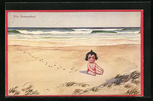 Künstler-AK H.S.B. unsign.: Ein Sonnenbad, Kleinkind am Strand
