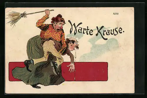 Künstler-AK Bruno Bürger & Ottillie Nr. 7350: Warte Krause, Frau haut Mann mit Besen