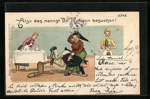 Künstler-AK Bruno Bürger & Ottillie Nr. 6548: Also das nennst du Kunden besuchern, Frau haut Mann Regenschirm