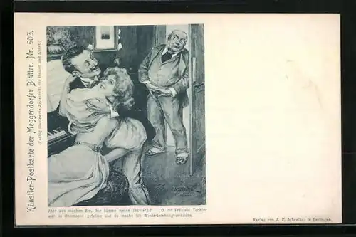 Künstler-AK Meggendorfer Blätter Nr. 503: Mann umarmt Geliebte am Klavier