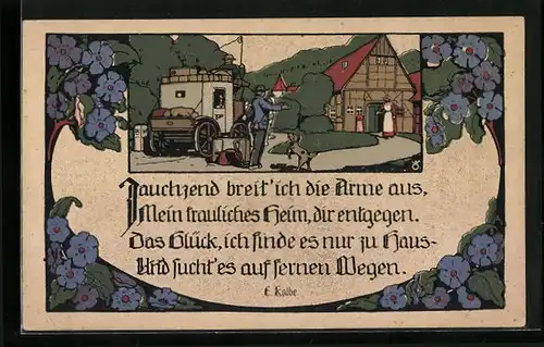 Steindruck-AK Reisender kehrt nach Hause zurück und wird von seiner Frau und seinem Hund empfangen