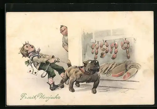 Künstler-AK F. Gareis: Der hungrige Hund zieht an der Leine, Metzgerei