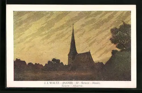 Künstler-AK Hansi: Sewen, Kirche in der Dämmerung
