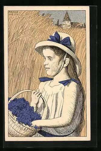 Künstler-AK Franz Hein: Mädchen sammelt Kornblumen