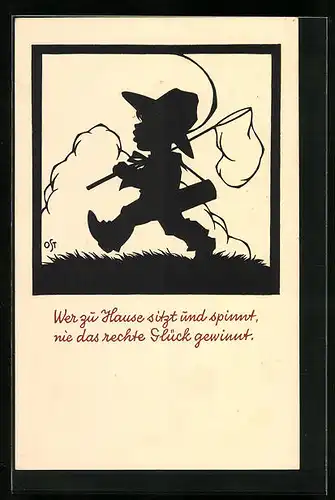 Künstler-AK A. Ost: Knabe stolziert mit Kescher