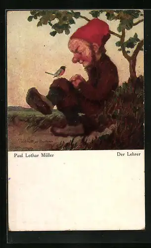 Künstler-AK Paul Lothar Müller: Zwerg als Lehrer eines Vogels