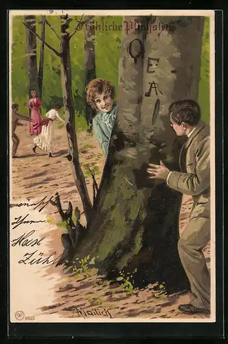 Künstler-AK Alfred Mailick: Versteckspiel im Frühlingswald - Pfingstgruss