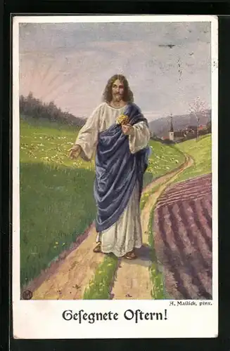 Künstler-AK Alfred Mailick: Jesus mit Blumensträusschen - Ostergruss