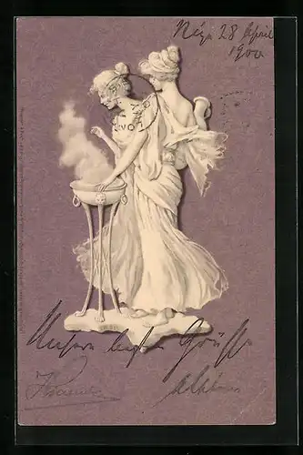 Künstler-AK M. S. M.: Zwei junge Frauen in antiken Gewändern mit dampfender Wasserschüssel