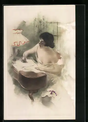 Künstler-AK H.S.: Junge Frau mit entblösster Schulter beim Schreiben eines Briefes