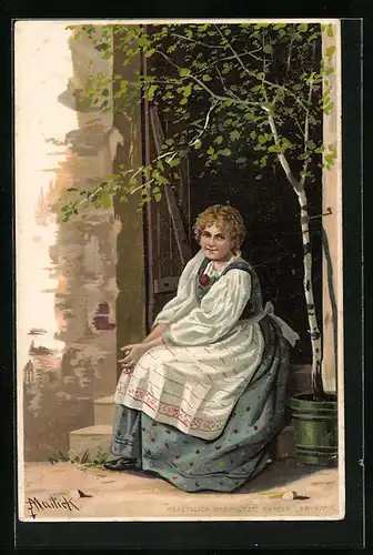 Künstler-AK Alfred Mailick: Junge Frau im Dirndl auf einer Eingangstreppe