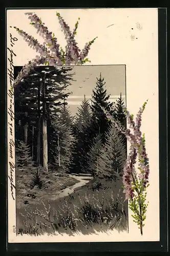 Künstler-AK Alfred Mailick: Waldweg mit Nadelbäumen, blühende Zweige