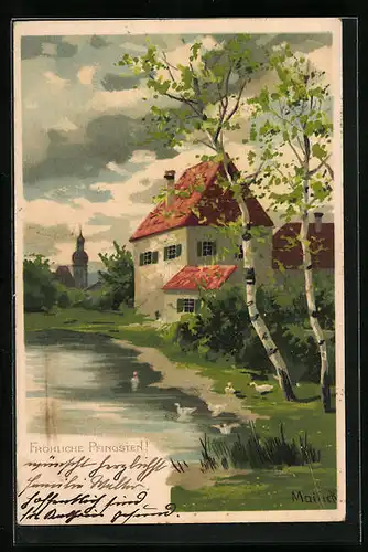 Künstler-AK Alfred Mailick: Wasserpartie mit Birken, Haus und Kirche - Pfingstgruss